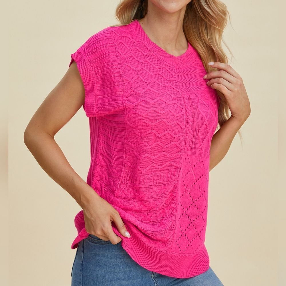 Double Take Full Size Cable-Knit Round Deep Pink  Knit Women's Top